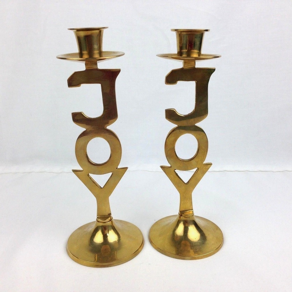 2 Solid Brass JOY Candlestick Holders International Silver Co Handmade in India